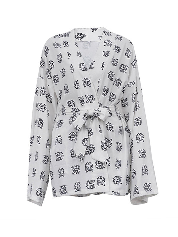 Loose  Printed  Long Sleeves Tied Waist Robes + High-Waisted Short Bottom Robes Pajama Sets