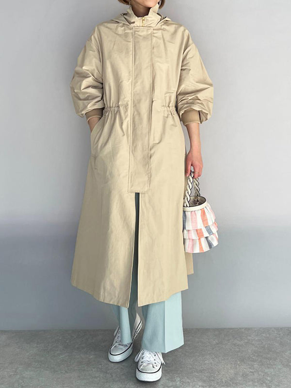 Loose Long Sleeves Drawstring Solid Color Zipper Hooded Trench Coats Outerwear