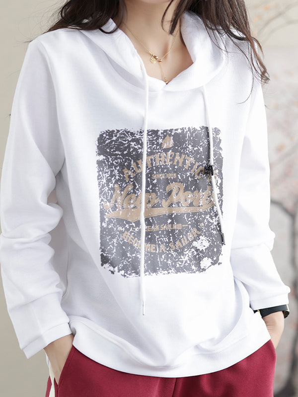 Drawstring Printed Long Sleeves Loose Hoodies Tops