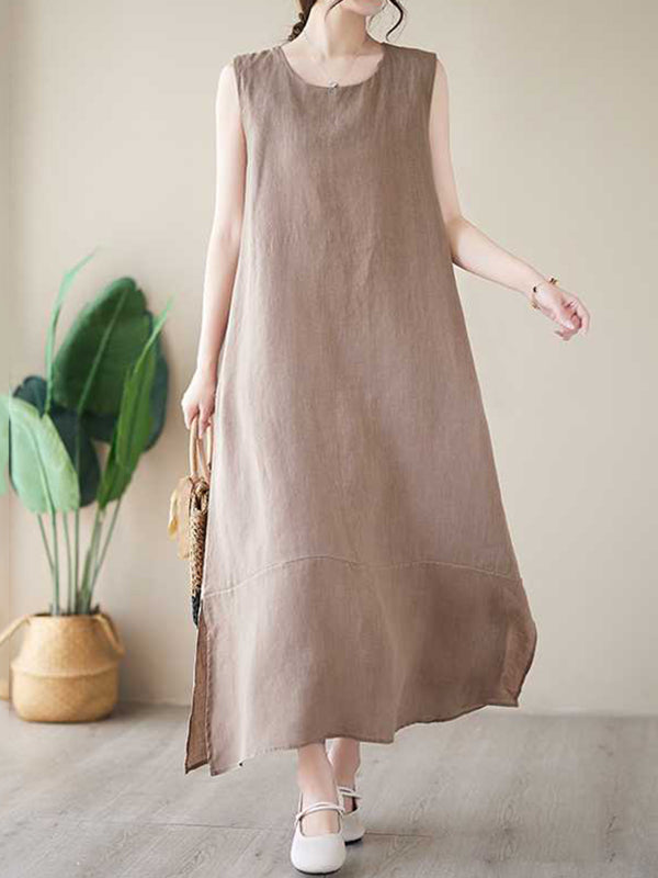 Solid Color A-Line Loose Round-Neck Midi Dresses