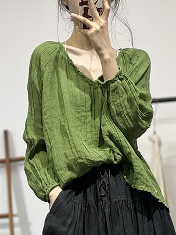 Pleated Solid Color Long Sleeves Loose V-neck Blouses&shirts Tops