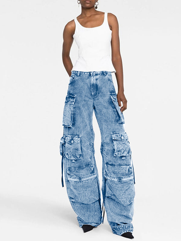 Pleated Pockets Split-Joint Streamer Loose Jean Pants Bottoms