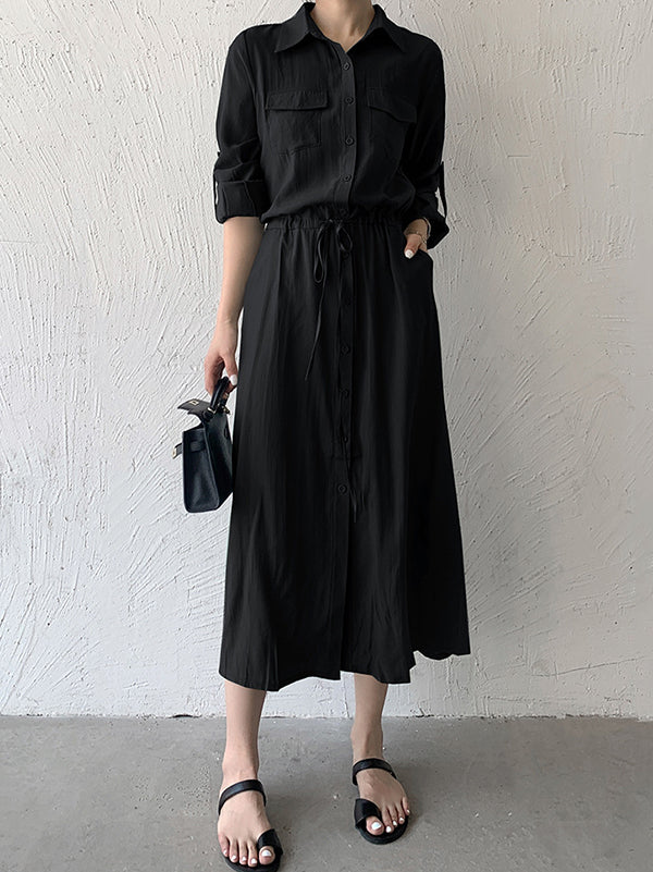 Casual A-Line Long Sleeves Bandage Solid Color Lapel Collar Shirt Midi Dresses