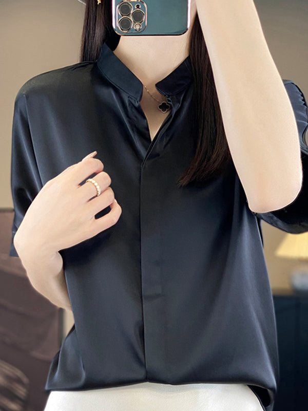 Buttoned Solid Color Loose Short Sleeves Stand Collar Blouses&Shirts Tops
