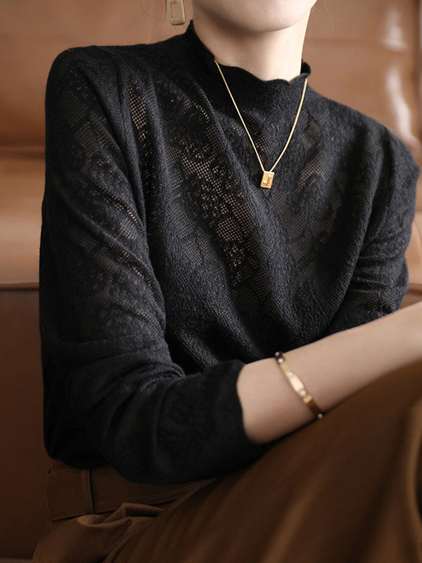 Hollow Jacquard Solid Color Long Sleeves T-Shirts Tops Knitwear