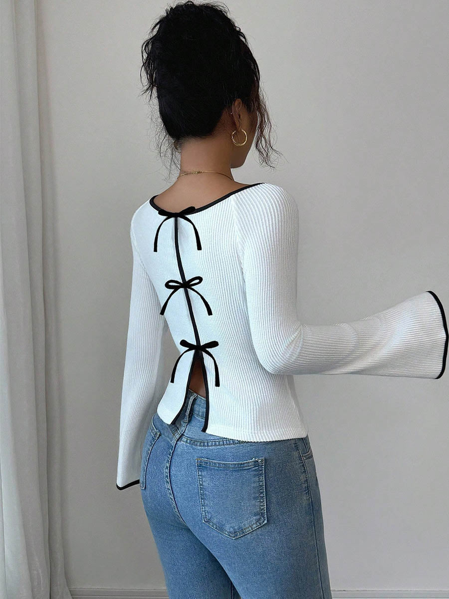Contrast Color Ribbed Knit Split-Joint Long Sleeves Round-Neck Blouses&Shirts Tops