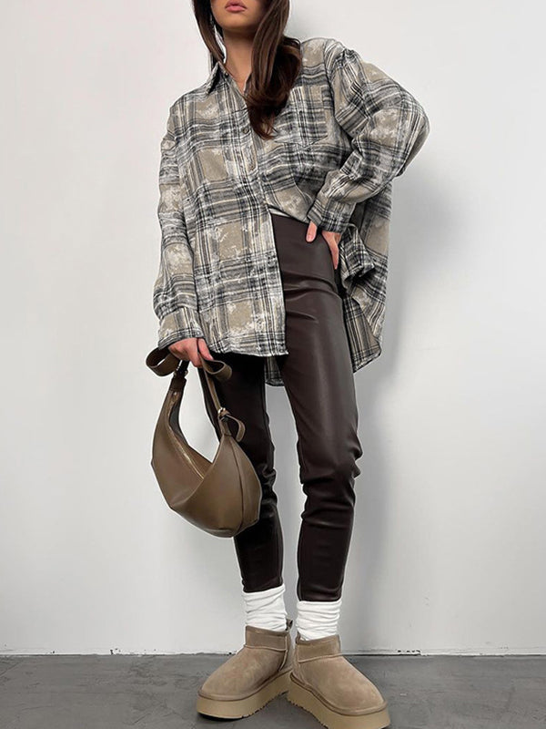 Buttoned Plaid Pockets Long Sleeves Loose Lapel Blouses&Shirts Tops