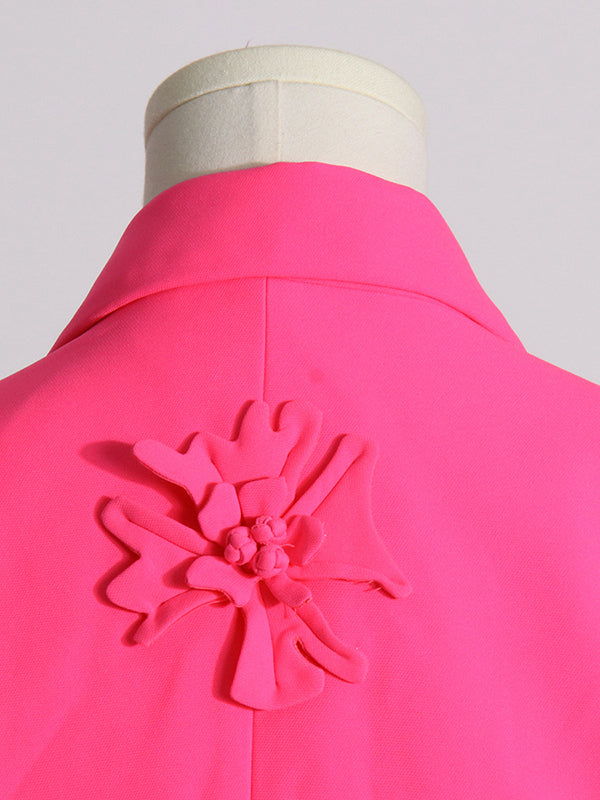 Flower-Embellished Solid Color Long Sleeves Lapel Outerwear Blazer