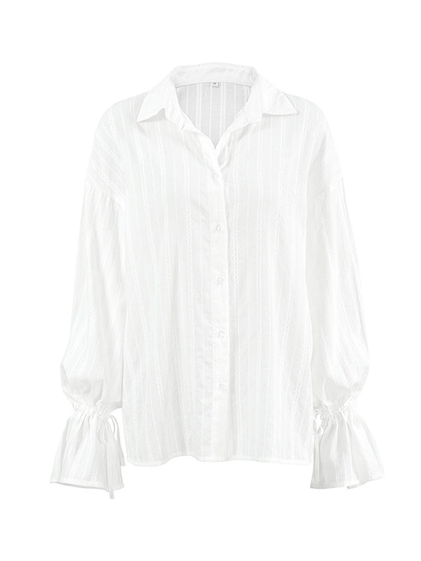 Drawstring See-Through Solid Color Split-Joint Loose Puff Sleeves Lapel Blouses&Shirts Tops