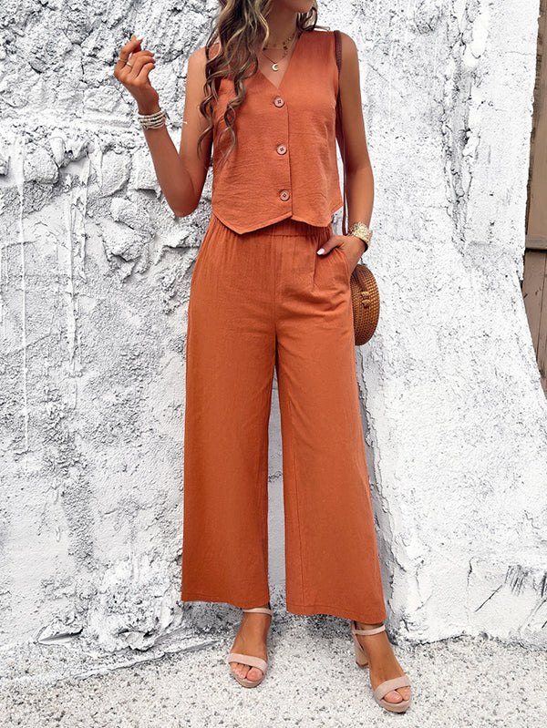 Buttoned Solid Color Loose Sleeveless V-Neck Vest Top + Pockets Elasticity Two Pieces Set