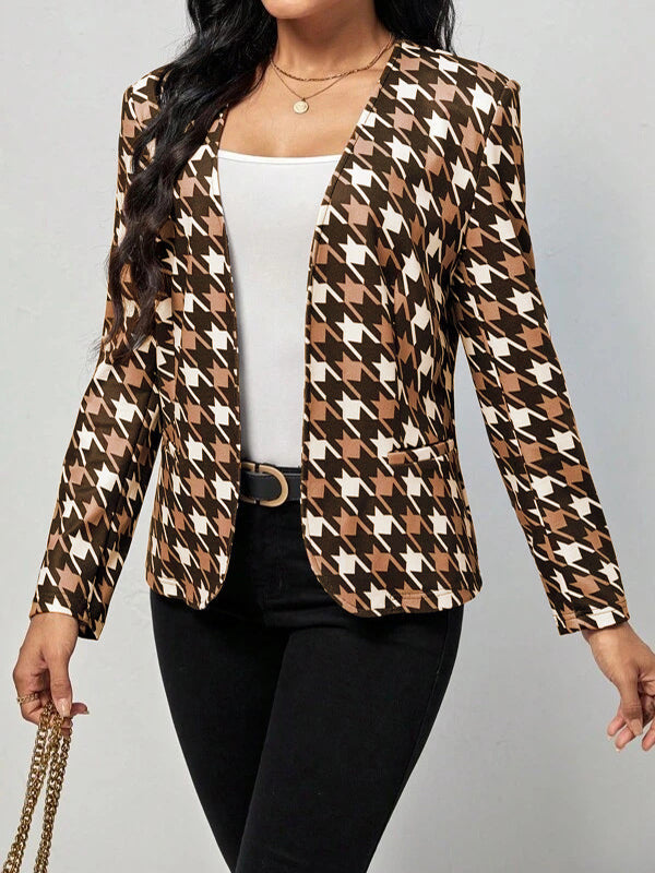 Houndstooth Pockets Long Sleeves Loose V-neck Outerwear Blazer