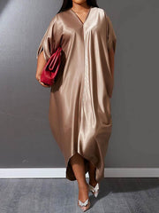 Solid Color Batwing Sleeves High-Low Deep V-Neck Maxi Dresses