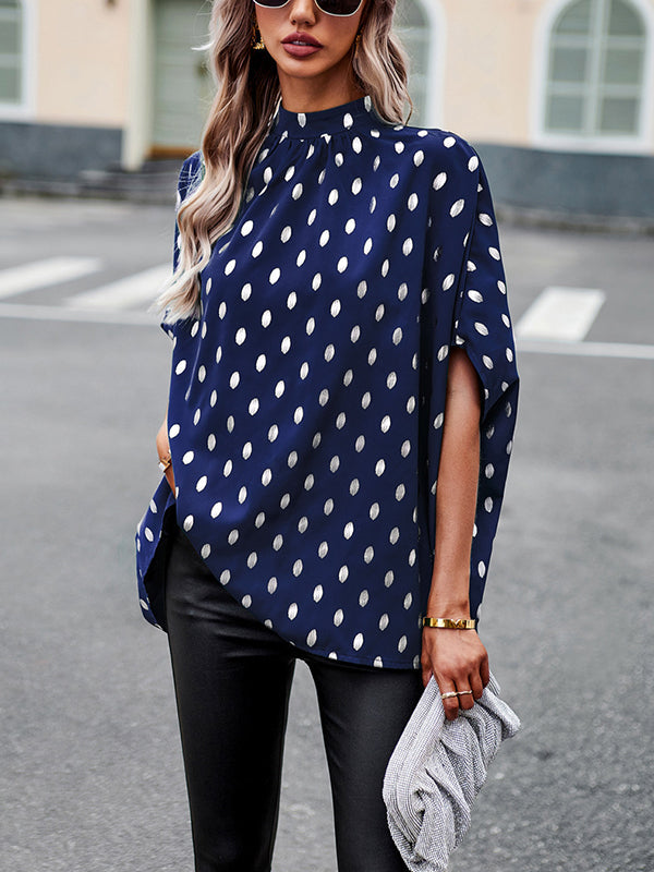 Bandage Polka Dot Loose Round-Neck Blouses&Shirts Tops
