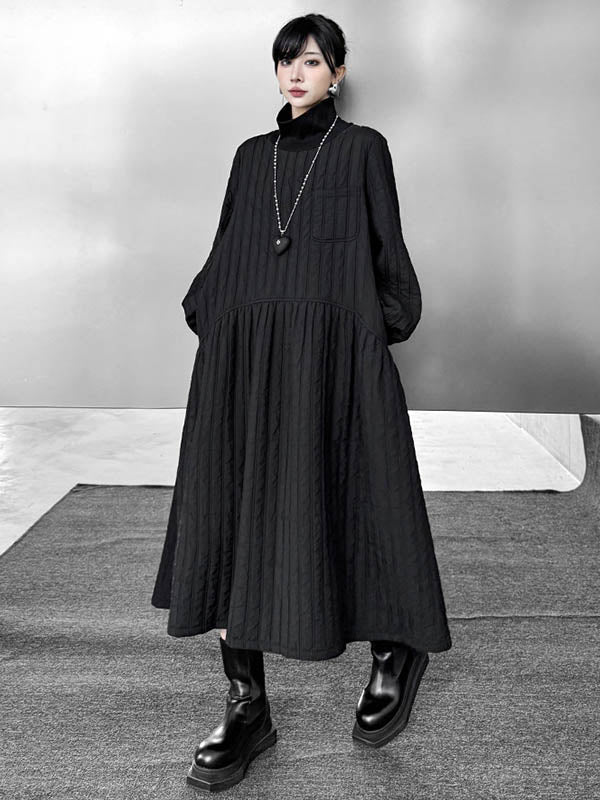 Embossed Pockets Quilted Solid Color Split-Joint A-Line Long Sleeves High Neck Sweater Dresses Midi Dresses