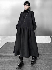 Embossed Pockets Quilted Solid Color Split-Joint A-Line Long Sleeves High Neck Sweater Dresses Midi Dresses