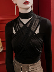 Hollow Pleated Solid Color Split-Joint Long Sleeves Plus Size High Neck T-Shirts Tops