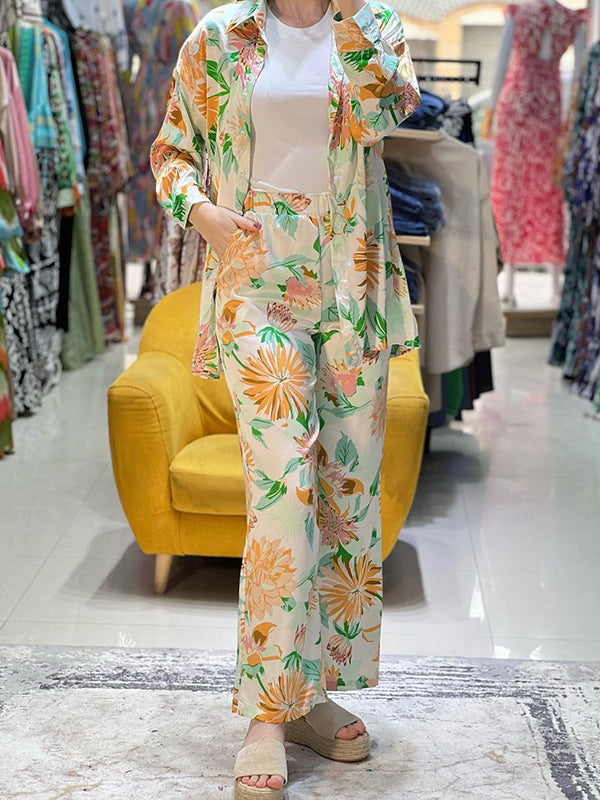 Lapel Long Sleeves Buttoned Flower Print Shirts Top +High Waisted Pants Bottom Two Pieces Set