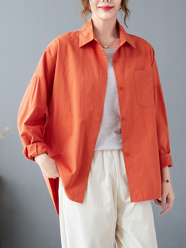 Solid Color High-low Long Sleeves Lapel Blouses&shirts Tops