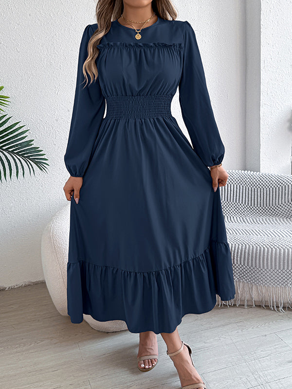 Pleated Solid Color A-Line Elasticated Waist Round-Neck Maxi Dresses