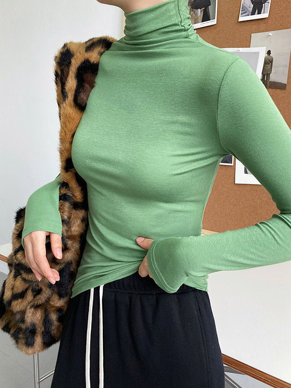 Simple 5 Colors Modal High-Neck Long Sleeves T-Shirt Top