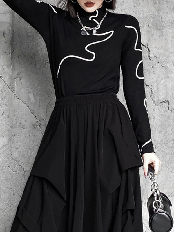 Printed Long Sleeves Skinny Mock Neck T-Shirts Tops