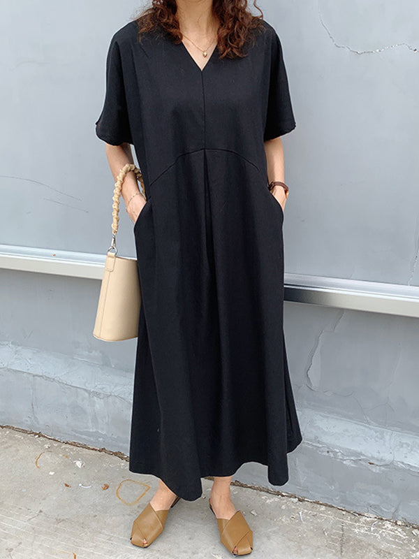 Loose Solid Color V-Neck Pleated With Pockets Midi Dresses