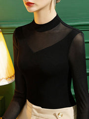 See-Through Solid Color Split-Joint Long Sleeves Plus Size Stand Collar T-Shirts