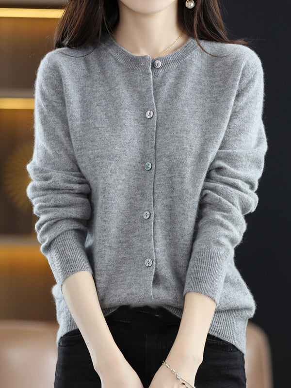 Buttoned Elasticity Long Sleeves Round-Neck Knitwear Cardigan Tops