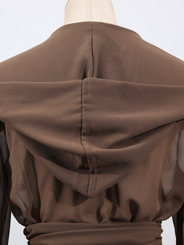 Pleated See-Through Solid Color Tied Waist Long Sleeves Loose Hooded Blouses&Shirts Tops