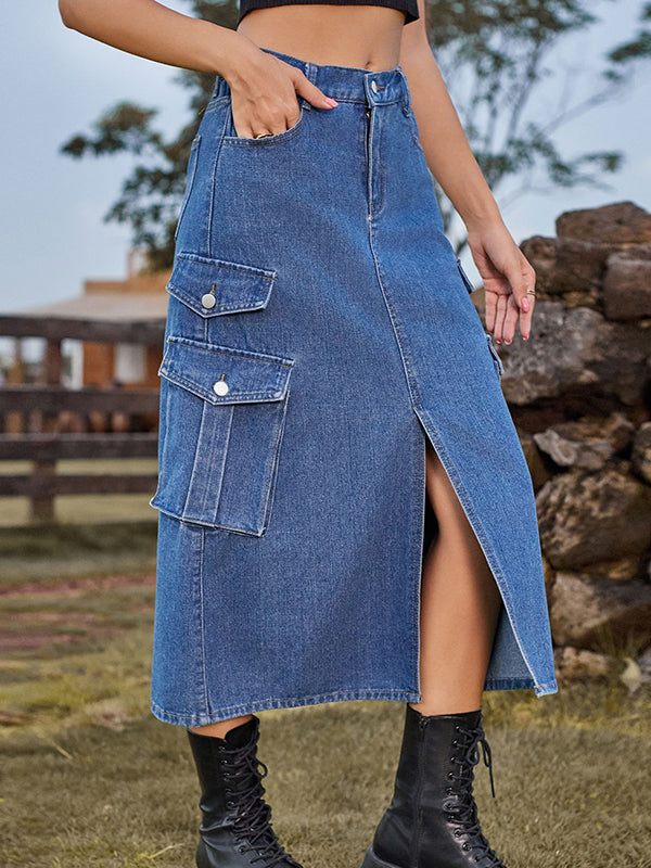 Pockets Split-Front Split-Joint A-Line Loose Denim Skirts