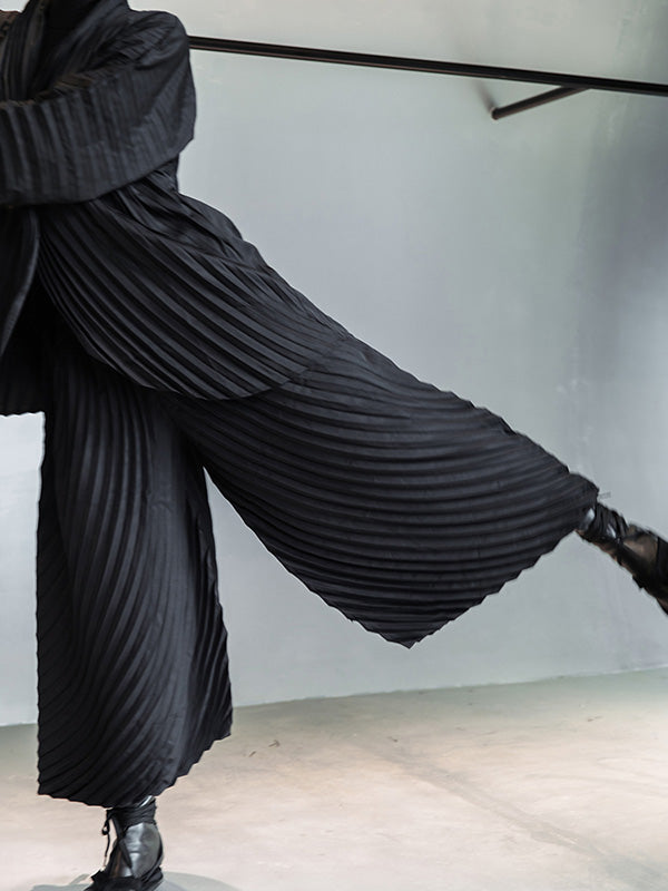 Urban Solid Color Pleated Outerwear&Pants Two Pieces Set