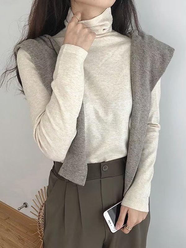 Solid Color Long Sleeves Skinny High-Neck T-Shirts Tops