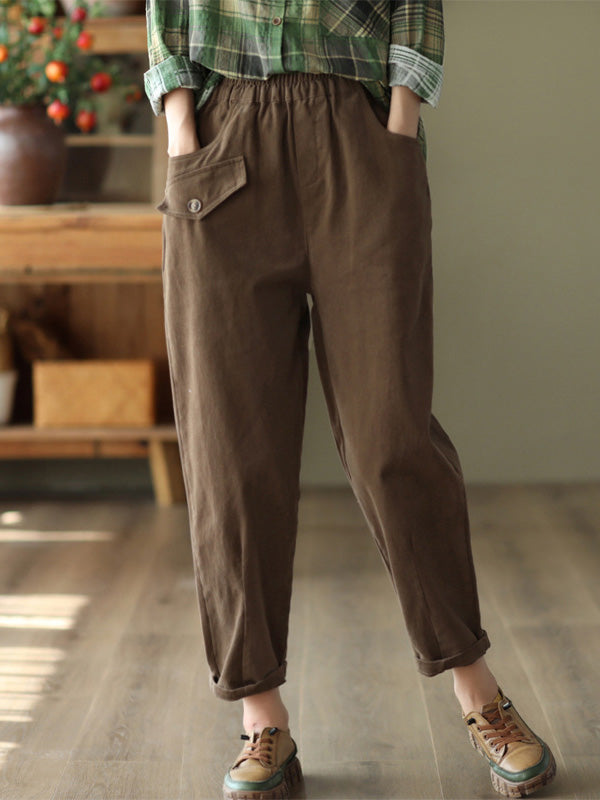 Artistic Retro Loose Solid Color Elasticity Casual Harem Pants Bottoms