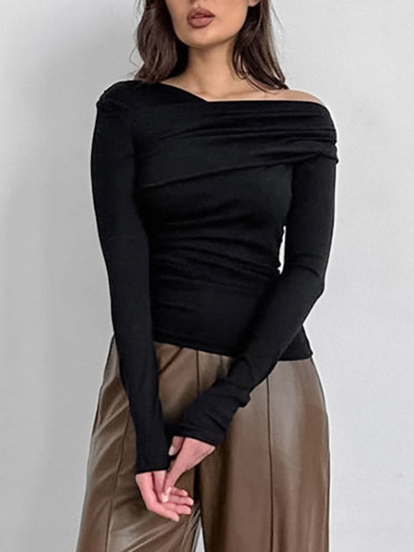 Asymmetric Solid Color Long Sleeves Skinny Asymmetric Collar T-Shirts Tops
