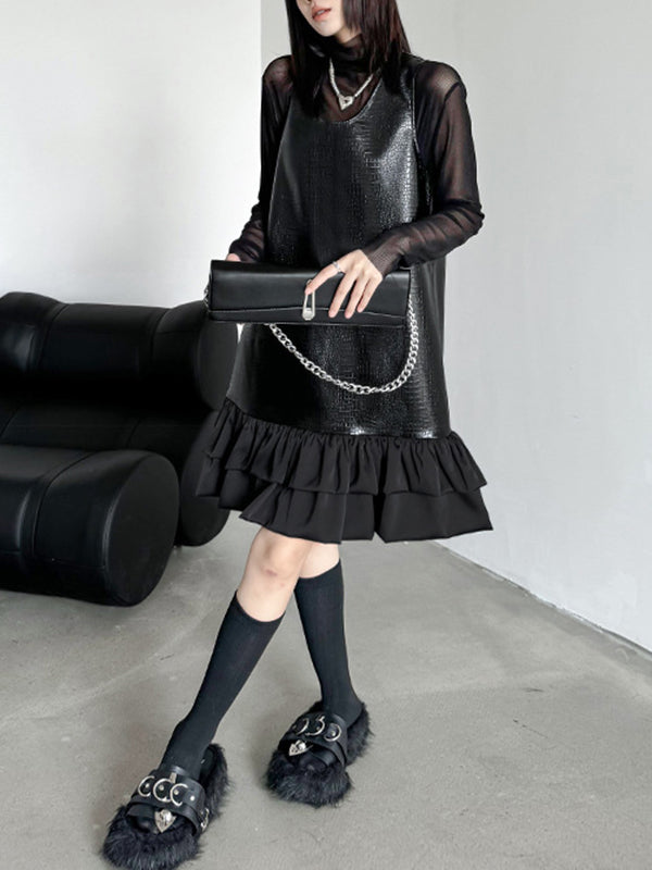 Pleated Split-Joint A-Line Loose U-Neck Mini Dresses