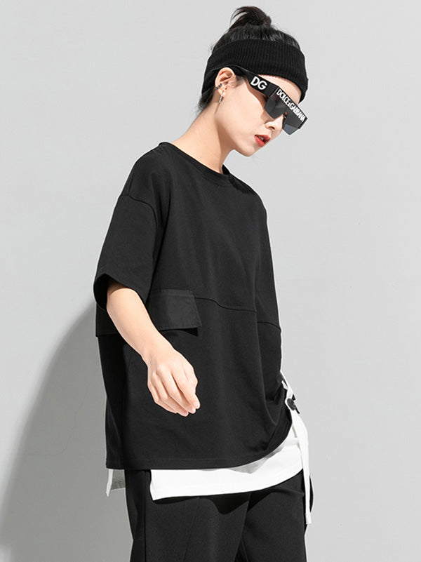 False Two Contrast Colors Irregular Splicing T-Shirts