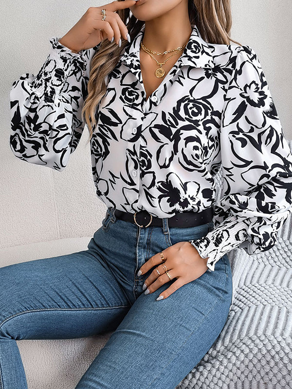 Buttoned Contrast Color Elasticity Flower Print Long Sleeves Loose Lapel Blouses&shirts Tops