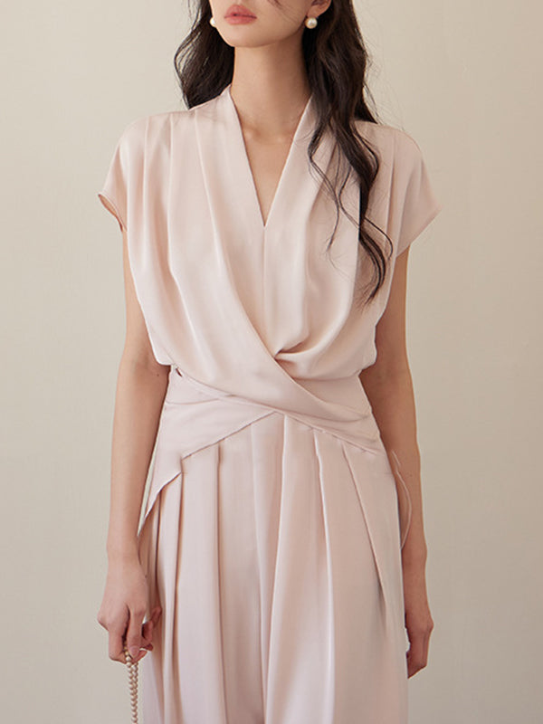 Knot Pleated Solid Color Split-Joint Loose Raglan Sleeve V-neck Blouses&shirts Tops