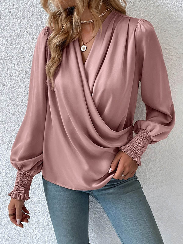 Elasticity Solid Color Long Sleeves Loose V-Neck Blouses&Shirts Tops