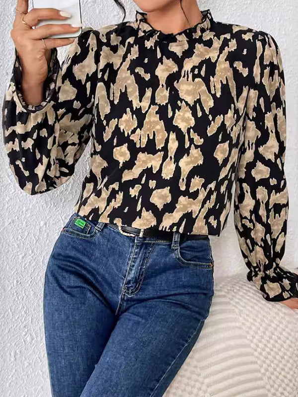 Elasticity Hollow Leopard Flared Sleeves Long Sleeves Mock Neck Blouses&Shirts Tops