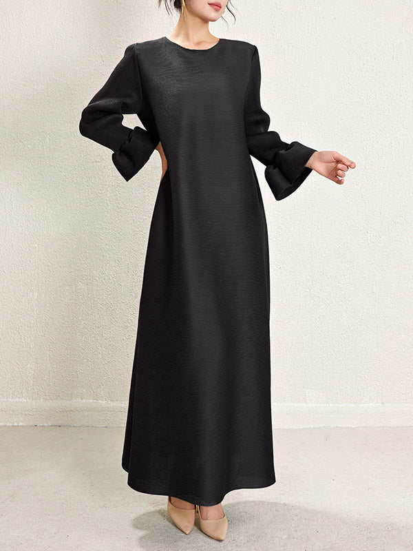 Pleated Solid Color A-Line Loose Round-Neck Maxi Dresses