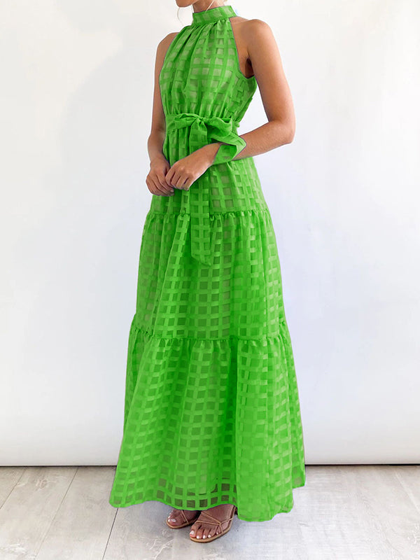 Plaid Ribbed Loose Sleeveless Stand Collar Maxi Dresses