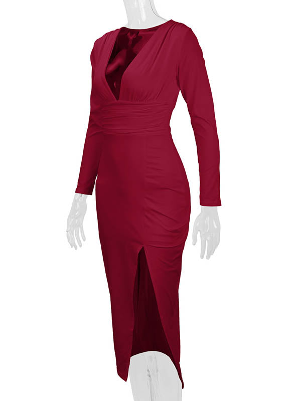 Pleated Solid Color Split-Joint Split-Side Bodycon Elasticated Waist Deep V-Neck Midi Dresses