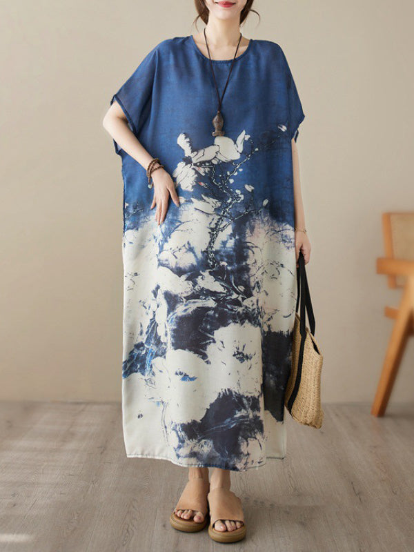 Printed Loose Short Sleeves Round-neck Maxi Dresses