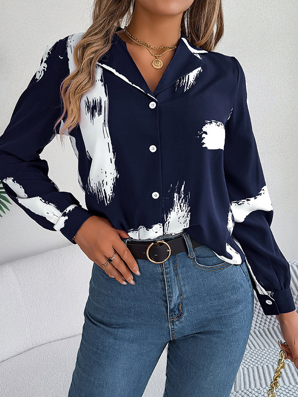 Buttoned Printed Long Sleeves Loose Notched Collar Blouses&Shirts Tops