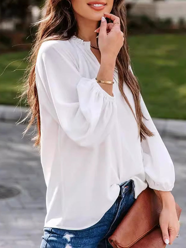 Elasticity Pleated Ruffle Trim Solid Color Long Sleeves Loose Deep V-Neck T-Shirts Tops