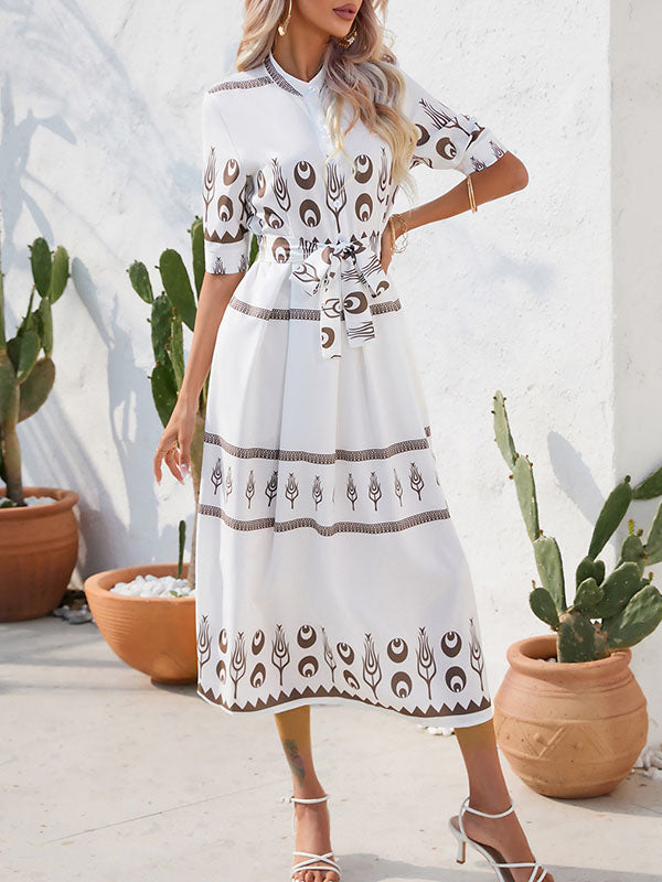 Buttoned Tied Waist A-Line Half Sleeves Lapel Midi Dresses