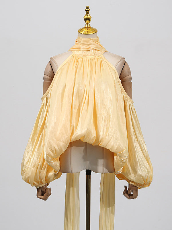 Pleated Solid Color Tied Long Sleeves Loose Halter-Neck Blouses&Shirts Tops