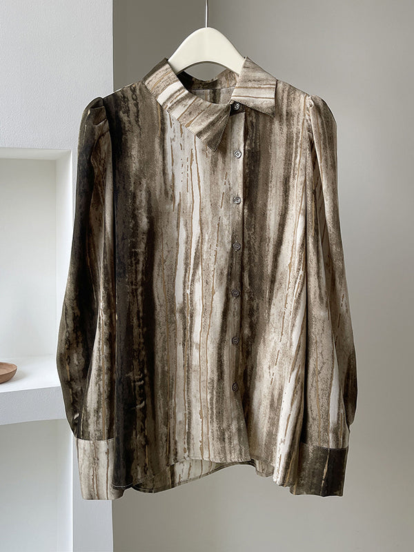 Asymmetric Gradient Pleated Printed Loose Puff Sleeves Lapel Blouses