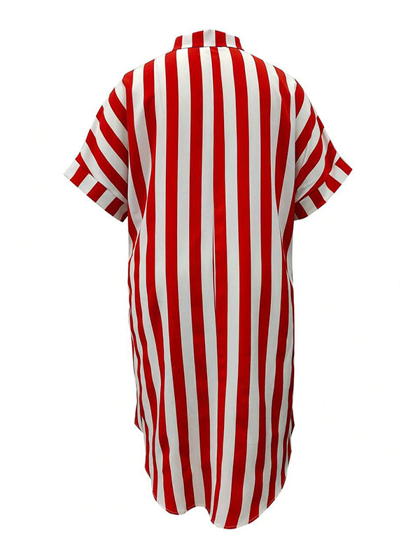Split-Joint Striped Batwing Sleeves Loose Lapel Shirt Dress Midi Dresses